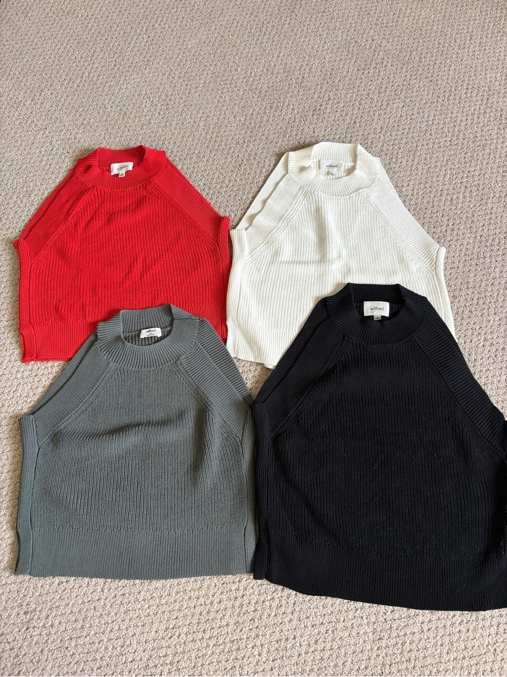 Aritzia Ribbed Sleeveless Crew Neck Tops in Red, Cream, Gray, and Black